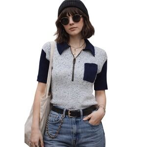 Vintage 70s Sweater Women's Size Small Mod Go Go Knit Quarter Zip Retro Hipster